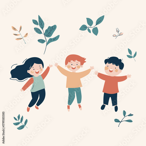Happy children jumping together with joyful expressions surrounded by decorative green leaves minimalist flat vector illustration of childhood friendship and playtime