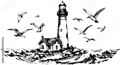 Vintage lighthouse vector illustration with seagulls and ocean waves. A detailed outline art set capturing coastal scenery.