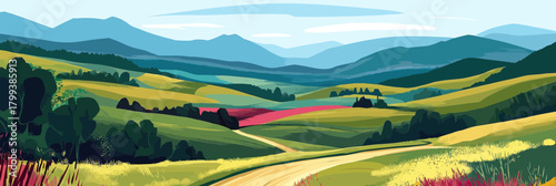 Colorful rolling hills with winding dirt road through green meadows and distant blue mountains under bright sky minimalist vector landscape illustration