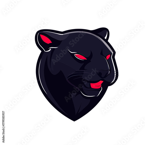 Black panther head side view esport logo with red eyes and open mouth aggressive expression flat vector illustration on white background