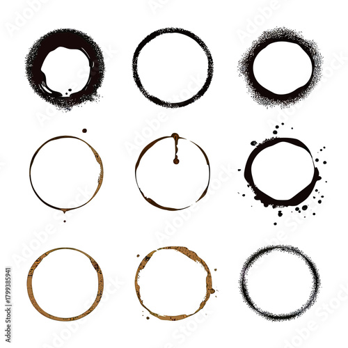 Set of nine distinct coffee cup stain rings with various splatter patterns and vintage beverage ring textures in flat minimalist vector style