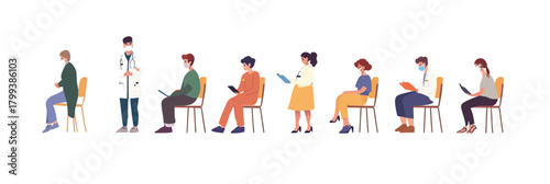 Medical clinic waiting room scene with diverse masked patients seated and doctor inviting next patient in flat minimalist vector style illustration