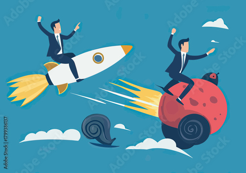 Businessman riding rocket flying fast ahead of competitor on speeding ladybug with snail trailing behind teamwork competition concept vector illustration