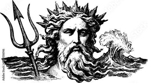 Poseidon god illustration with trident and waves. Vintage engraving style vector illustration featuring detailed line art.