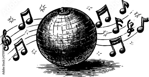 Discoball with music notes in vintage engraving style. Black and white vector illustration suitable for a celebration or party set.