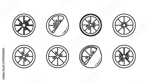 Collection of eight stylized orange slices in a black and white silhouette