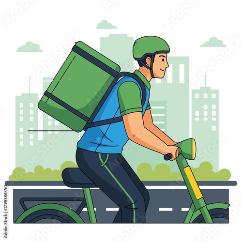 Vector illustration of bicycle courier carrying delivery backpack in city scene