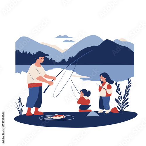 Family fishing at lake shore with father and children using fishing rods near mountains in flat minimalist vector style