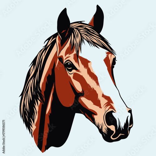 Portrait of brown horse with white blaze on face looking forward isolated flat minimalist vector animal illustration