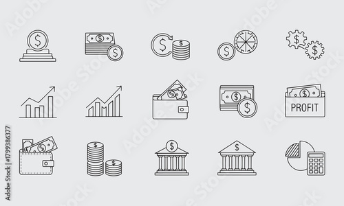 Profit & Finance Icon Set, Editable Vector, Money, Investment and Banking Symbols