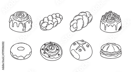 Collection of delicious baked goods and pastries in a charming silhouette style