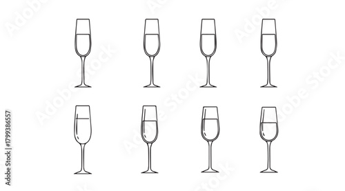 Collection of elegant champagne flutes in a hand drawn silhouette style