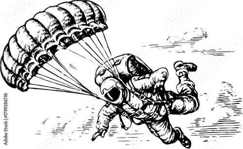 Astronaut with parachute. Vintage vector illustration in black and white, showcasing the dynamic action of skydiving.