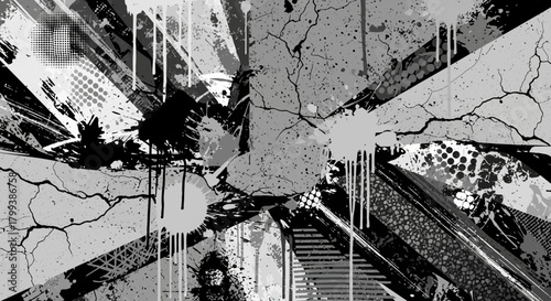 Monochrome Abstract Grunge Composition with Splatter and Cracked Texture Effect