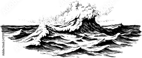 Ocean waves illustrated in black and white line art style. Vintage vector illustration of nature?s beauty in a classic seascape set.