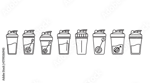 Collection of various sized protein shaker bottles in a simple line art silhouette