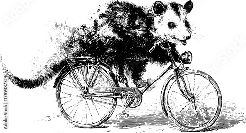 Possum riding a bicycle in vintage engraving style. Black and white vector illustration with a quirky design set.