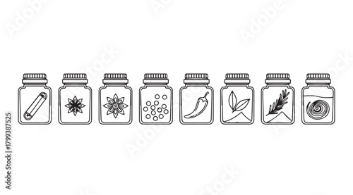 Collection of glass jars filled with various herbs and spices silhouette