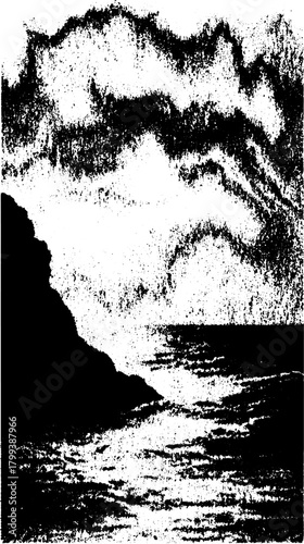 Ocean waves crashing against a rocky coast. Monochrome vector illustration with a unique texture and abstract style.