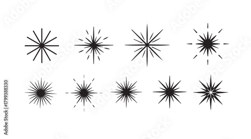 Collection of eight distinctive black starburst silhouettes on a white background