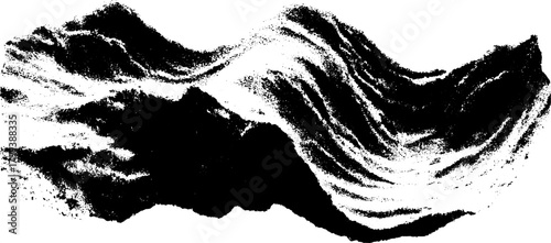 Mountain silhouette in black and white art style. Abstract texture design featuring wavy lines in a vector illustration.