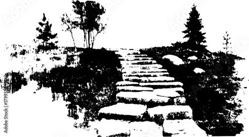 Stairs leading into nature with trees and rocks. Minimalist black and white vector illustration of an outdoor pathway set.