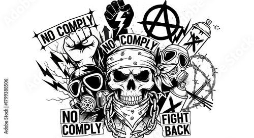 Skull, gas masks, anarchy symbol and slogans in black and white vector design
