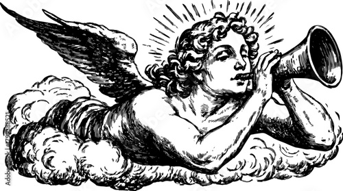 Angel playing a trumpet on clouds. Vintage black and white vector illustration, conveying classic spiritual themes in a decorative set design.