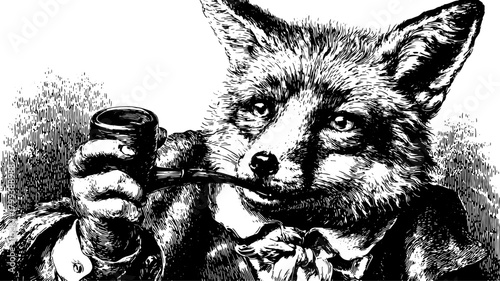 Fox portrait illustrated in a vintage style. This elegant animal character features intricate details and textures in a vector illustration.