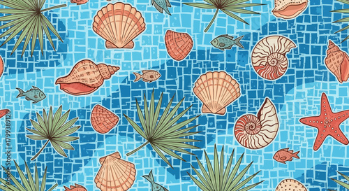 Seamless summer beach pattern featuring seashells, fish, palms and blue tile background