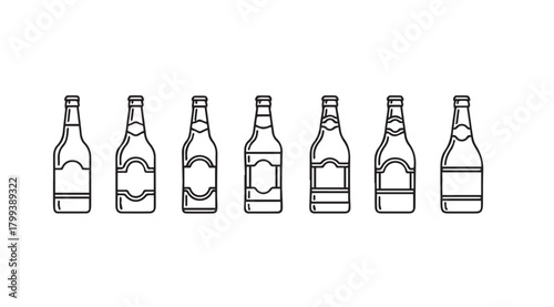 Collection of seven different wine bottle silhouettes with labels