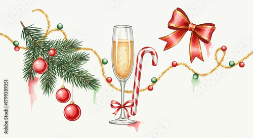 Festive watercolor illustration with champagne, christmas decor and holiday cheer