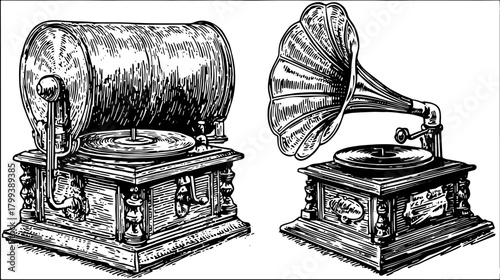 Vintage phonographs in black and white vector illustration. Detailed engravings of classic music record players in a set.
