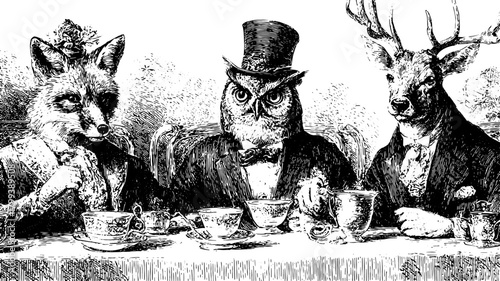 Set of anthropomorphic animals including fox, owl, and deer in formal suits at a table. Vintage black and white vector illustration style.