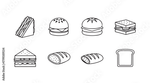 Collection of isometric food icons featuring sandwiches burgers and bread silhouette