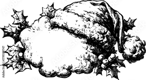 Santa hat with pompom and holly leaves. Vintage vector illustration, perfect for a festive winter design set.