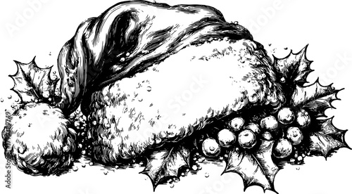 Santa hat with holly and berries in black and white. Vintage vector illustration with a hand-drawn style.