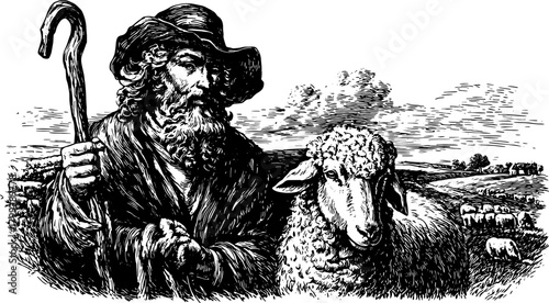 Shepherd and sheep in a rural landscape with classic vintage style. Monochrome engraving vector illustration with detailed linework.