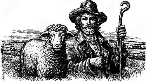 Shepherd with sheep in a rural field with traditional clothing. Black and white vector illustration showing pastoral landscape and livestock.