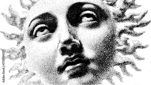 Sun face illustration in black and white. Detailed vector artwork showcasing intricate patterns and textures in a classic style.