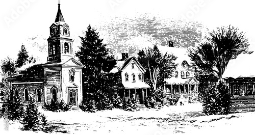 Vintage church and buildings outlined in black and white. Detailed vector illustration of a snowy landscape with trees, creating a classic rural scene.