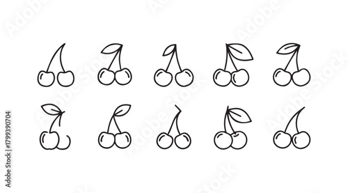 Collection of hand drawn cherry silhouettes with stems and leaves silhouette