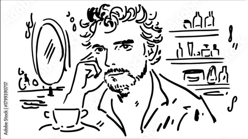 Stylized man with a beard, sitting with a cup near a mirror. Simple vector illustration depicting a thoughtful expression in line art style.