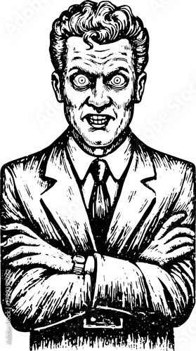 Vintage man illustration in black and white. Character with an expressive hairstyle and suit, standing with crossed arms in a vector design.