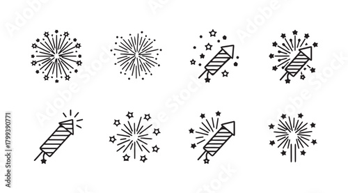 Collection of stylized firework and rocket icons in a simple silhouette style
