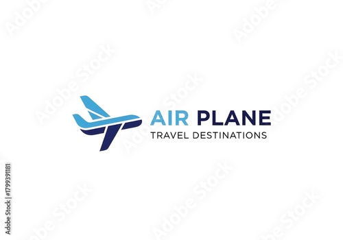 Air travel logo with stylized airplane symbol for travel agencies, airlines, and vacation planning services