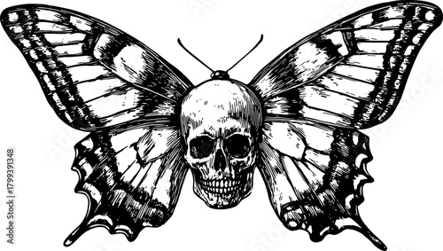 Butterfly with skull in black outline. Vintage vector illustration featuring intricate details and a classic design for artistic purposes.