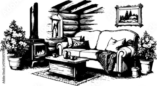 Furniture set in a cozy room featuring a hand-drawn sofa, table, and fireplace. Vintage vector illustration with a detailed black outline design.