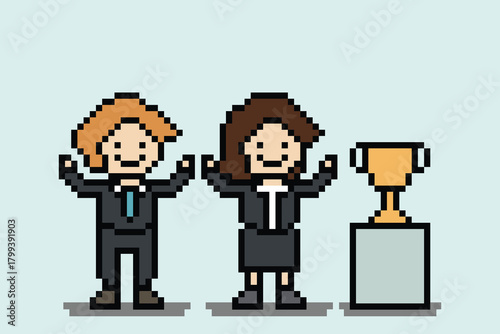 Business cartoon team, partnership,ambition, award, achievement with idea corporate character office work 8 bit pixel design art.
