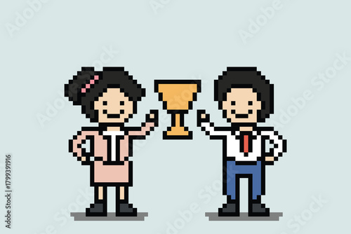 Business cartoon team, partnership,ambition, award, achievement with idea corporate character office work 8 bit pixel design art.